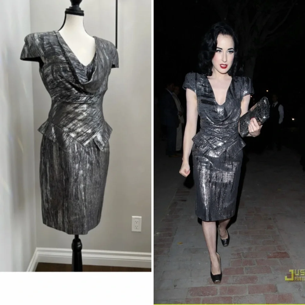 Alexander McQueen Metallic Charcoal Gray Draped Peplum Dress - Picture 1 of 8